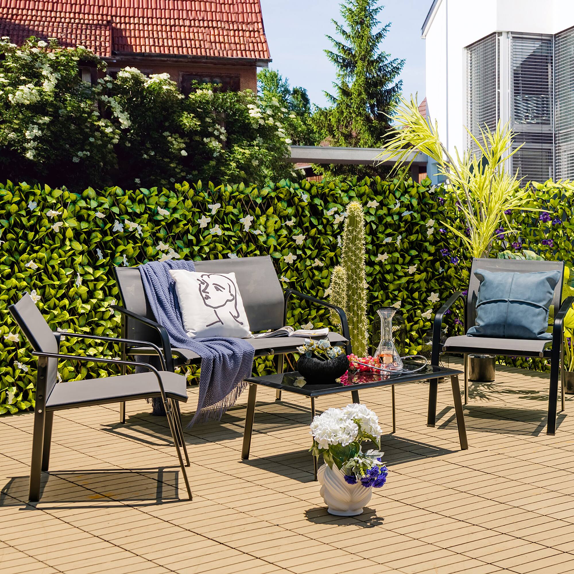 Alt View 2. Costway - Costway 4 PCS Patio Furniture Set Loveseat Sofas Armrest Glass Table Deck - Grey.