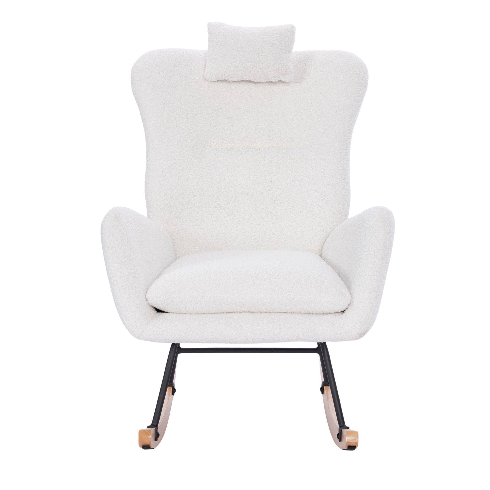 Angle. GOODSILO - Plush Upholstered Nursery Rocking Chair with High Backrest for Living Room and Bedroom - White.