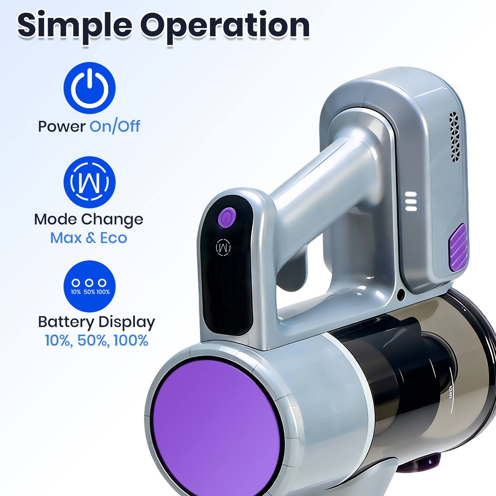 Simple Operation  
Power On/Off  
Mode Change  
Max & Eco  
Battery Display  
10%, 50%, 100%