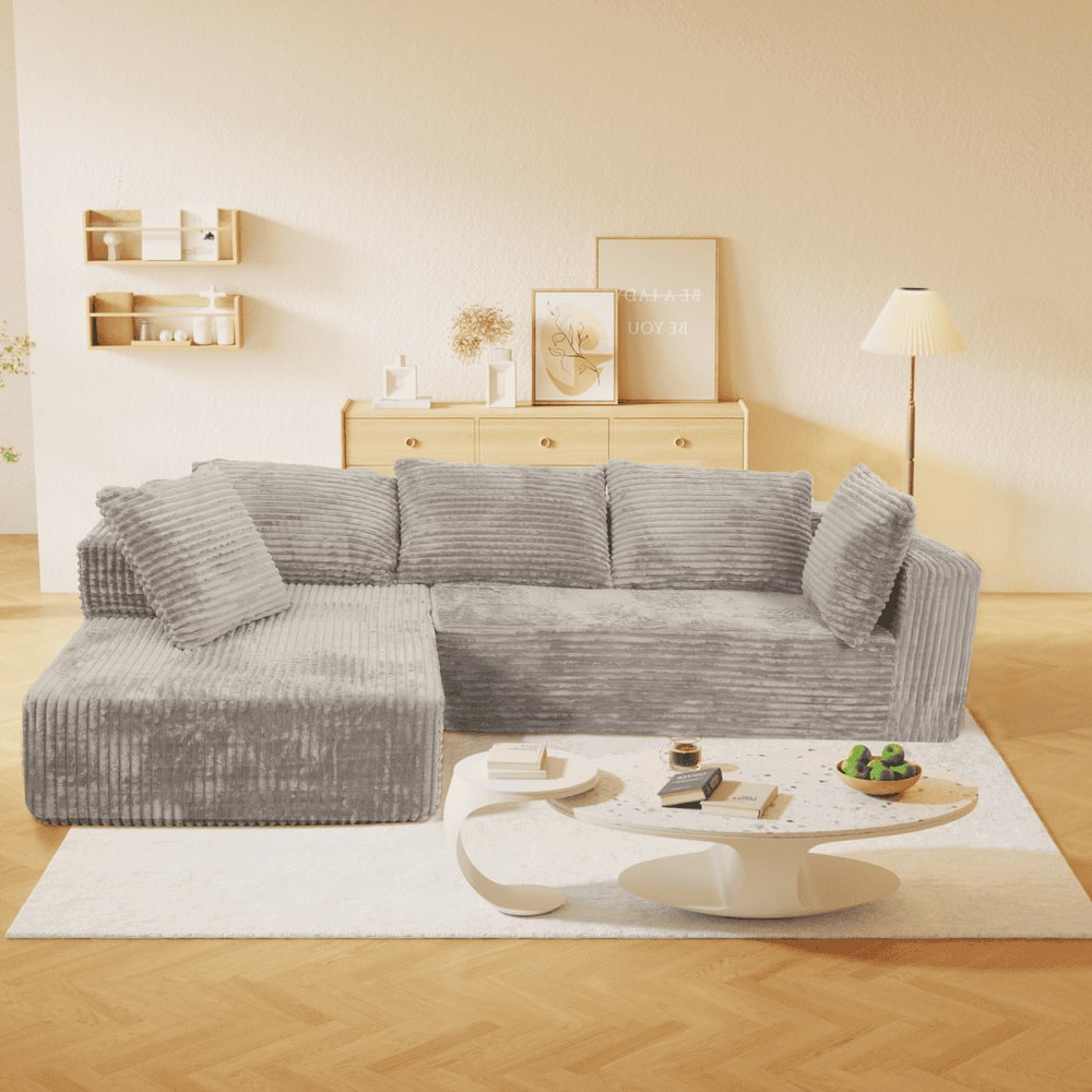 Resenkos - L-Shaped Cloud Sectional Sofa, Features Plush Corduroy Upholstery and Deep Comfort Seating, No Assembly - Gray