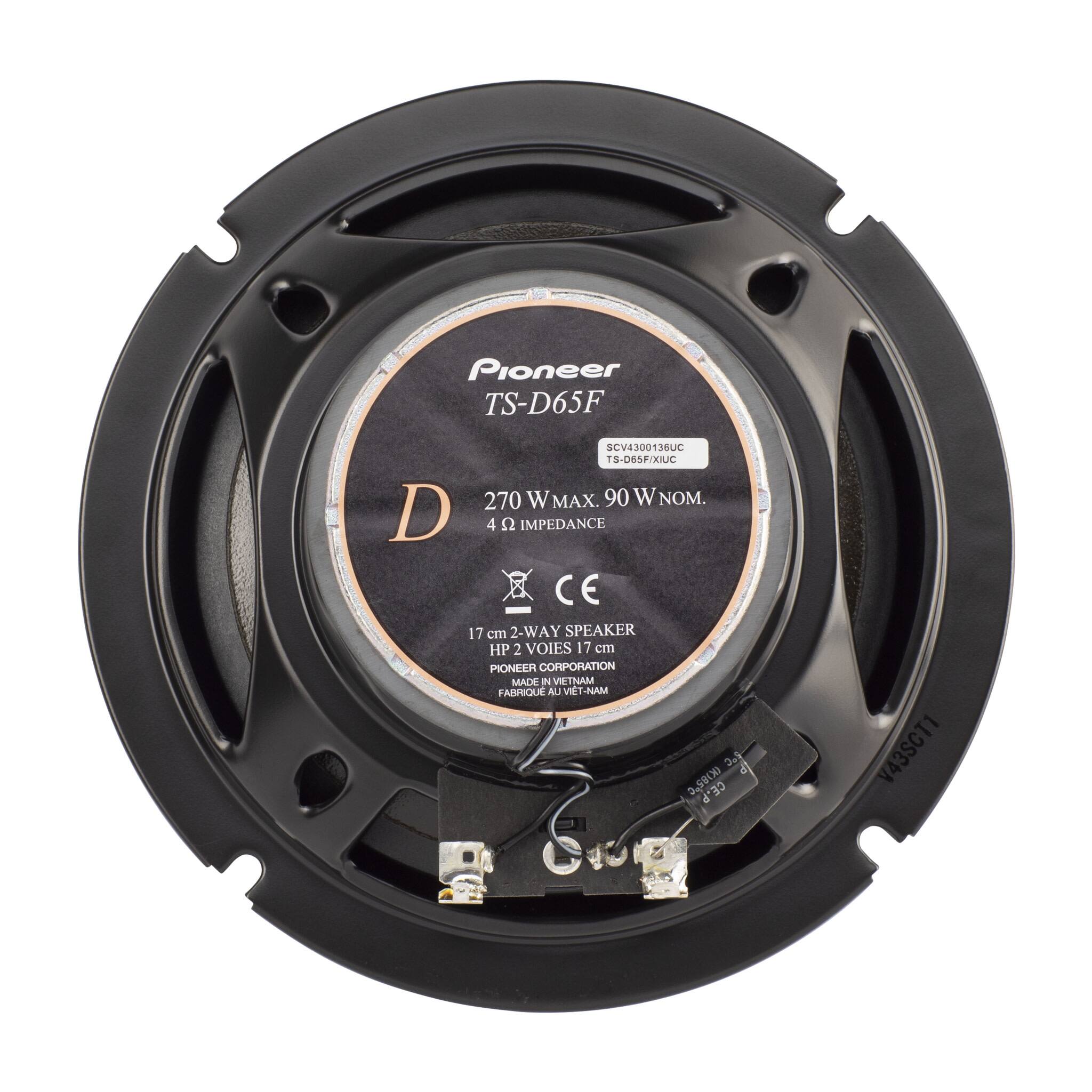 Pioneer TS-D65F  
SCV4300136UC  
1S-065P/XIC  
270 W MAX.  
90 W NOM.  
4 Ω IMPEDANCE  
CE  
17 cm 2-WAY SPEAKER  
HP 2 VOIES 17 cm  
PIONEER CORPORATION  
MADE IN VIETNAM  
FABRIQUÉ AU VIETNAM