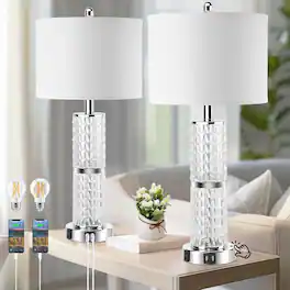Nordic Hygge - 3-Way Touch Control Crystal Table Lamps Set of 2, Silver Bedside Lamp with 2 USB Ports & AC Outlets for Living Room - Modern-Crystal Like