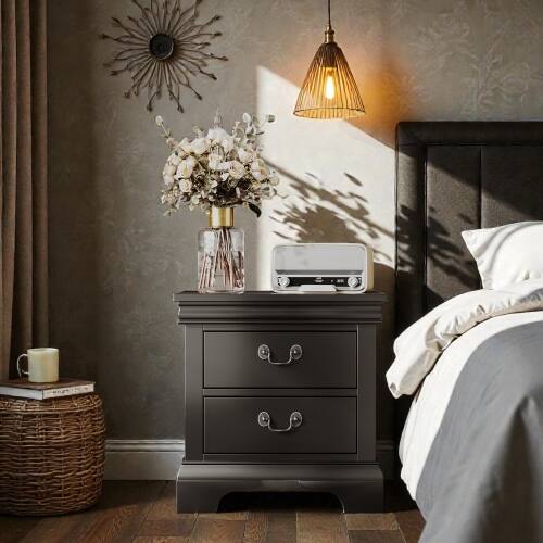 Alt View 1. LUCKY ONE - 22" Assembled Classic Wooden Nightstand 2-Drawer Antique Pulls - Black.