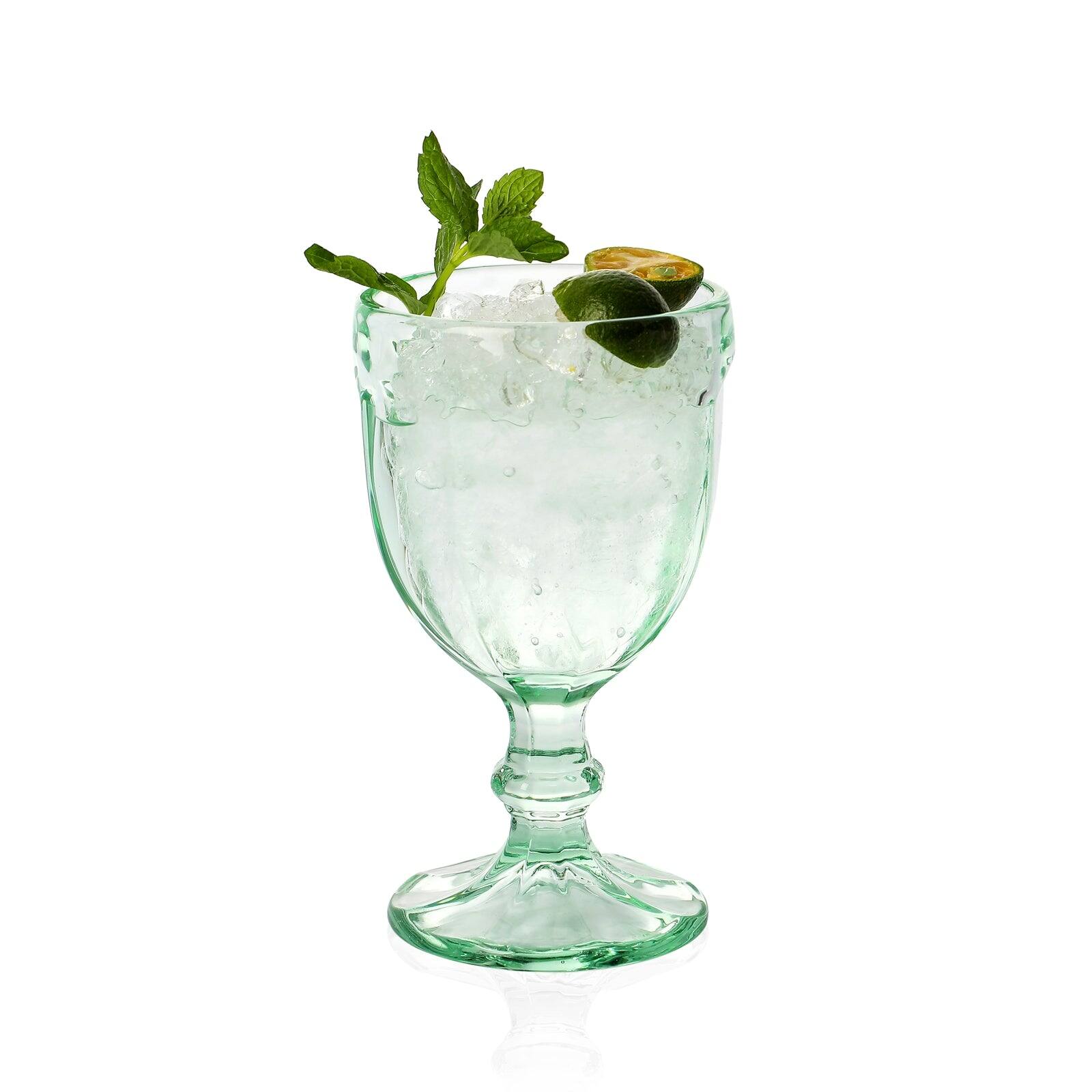 Angle. BreeBe - Vintage Embossed Glass Goblet (10.2 oz. set of 6) - Green.