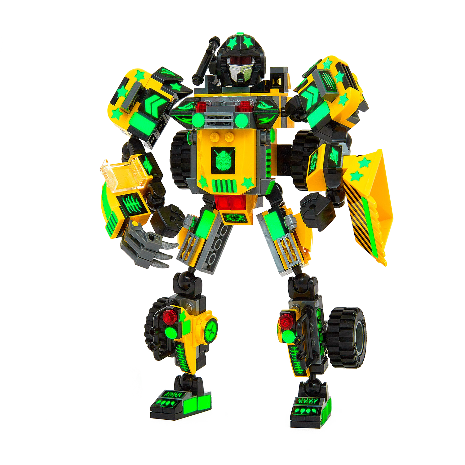 Angle. JitteryGit - Robotryx Zakarpian 3-in-1 Construction Robot Set – 238-Piece Yellow Warrior with Bucket & Ball Joints.