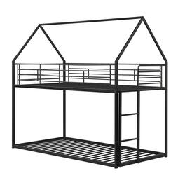 Costway - Twin Over Twin Metal Bunk Bed, House Shaped Floor Bunk Bed Frame with Roof & Ladder - Black