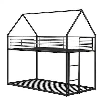 Front. Costway - Costway Twin Over Twin Metal Bunk Bed, House Shaped Floor Bunk Bed Frame with Roof & Ladder - Black.