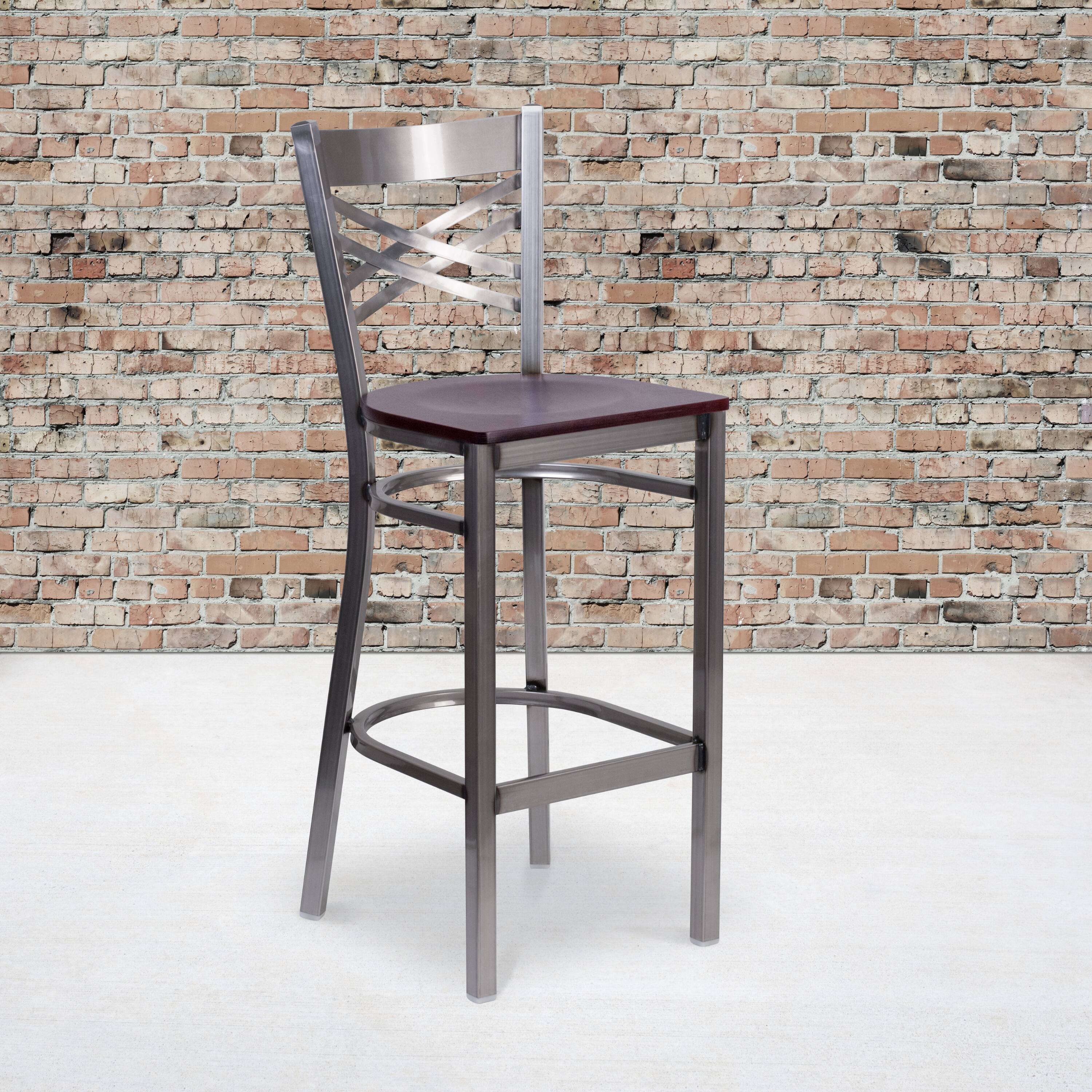Alt View 2. Emma + Oliver - 2 Pack Clear Coated "X" Back Metal Restaurant Barstool - Mahogany Wood Seat/Clear Coated Metal Frame.