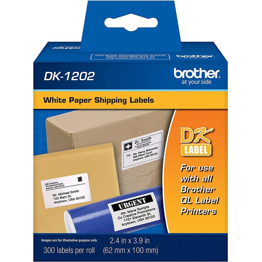 U ALDd .... - ................. PLEROE .... - Doother ... DK-1202 brother. at your side White Paper Shipping Labels ABC Cempany Sereat  Chennul VSA 0123 Anyliben Michael Smith Mr. St. 123 Main USA 00123 Anytown, Dr. Smith + Bherwood Me. Nancy Court 00123 TO: ase Mison USA Anytown, URGENT Sample Att: Marie Promotions St. Oz Creative Eleventh 00123 1101 USA Anytown, DR LABEL For use with all Brother QL Label Printers Images are for illustrative purpose only 300 labels per roll 2.4 in X 3.9 in (62 mm X 100 mm)