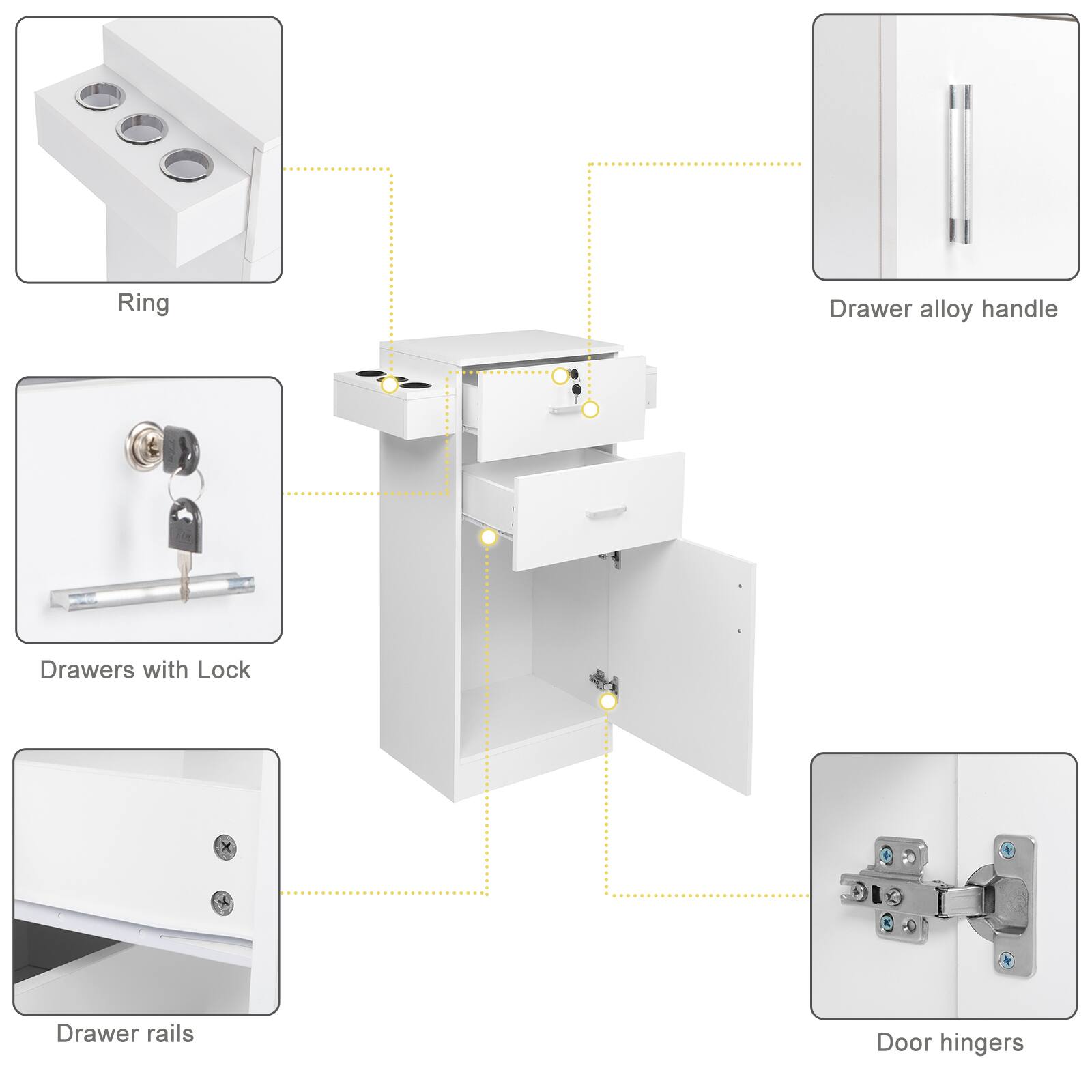 - Ring
- Drawer alloy handle
- Drawers with Lock
- Drawer rails
- Door hingers