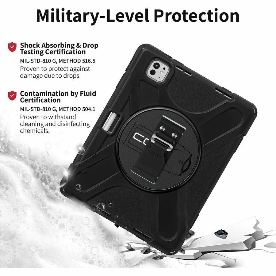 Military-Level Protection

- Shock Absorbing & Drop Testing Certification
  - MIL-STD-810 G, METHOD 516.5
  - Proven to protect against damage due to drops

- Contamination by Fluid Certification
  - MIL-STD-810 G, METHOD 504.1
  - Proven to withstand cleaning and disinfecting chemicals.