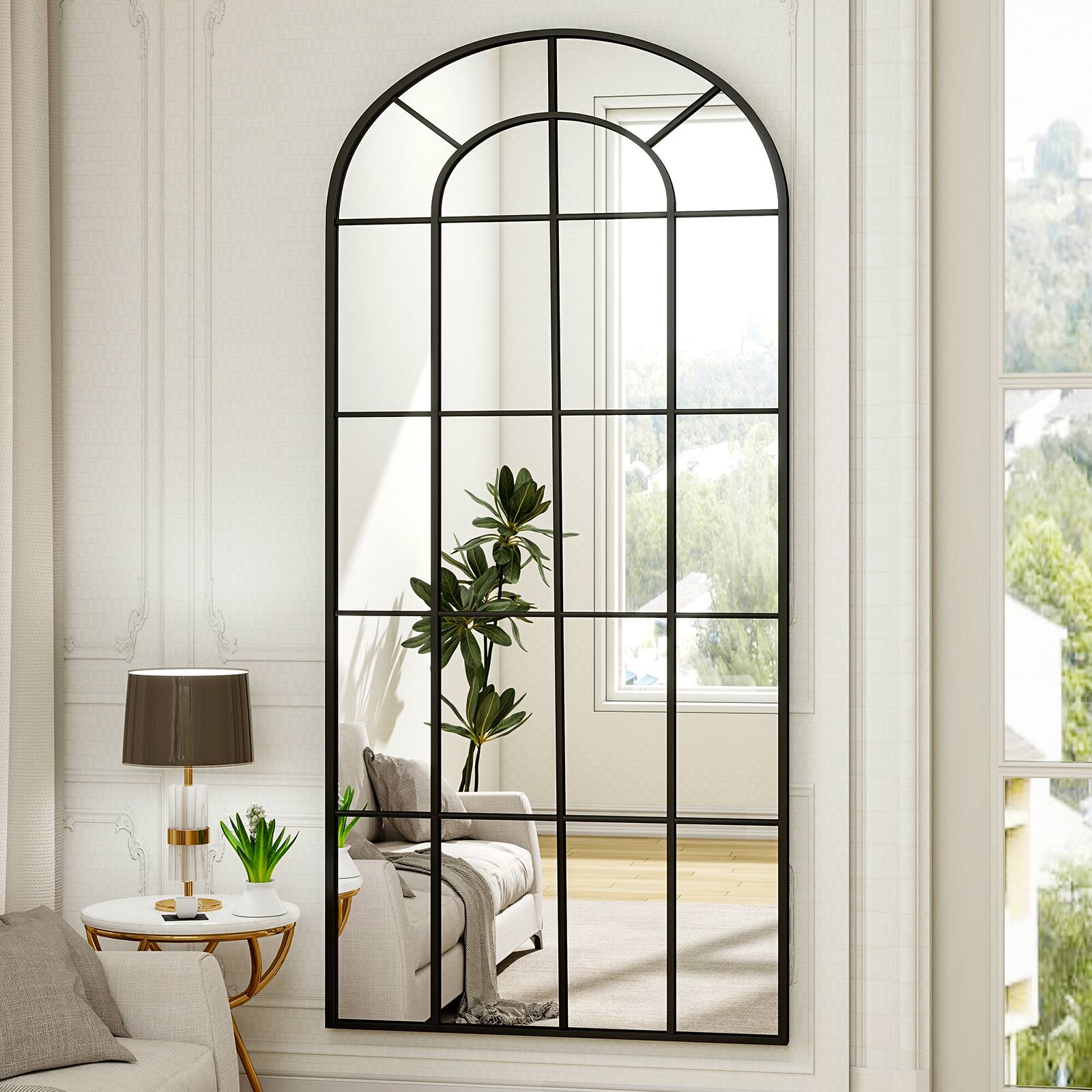 Angle. Easly - Unique Black 30 in. W x 71 in. H Grid Arched Aluminum Alloy Frame Full Length Floor Mirror - Black.