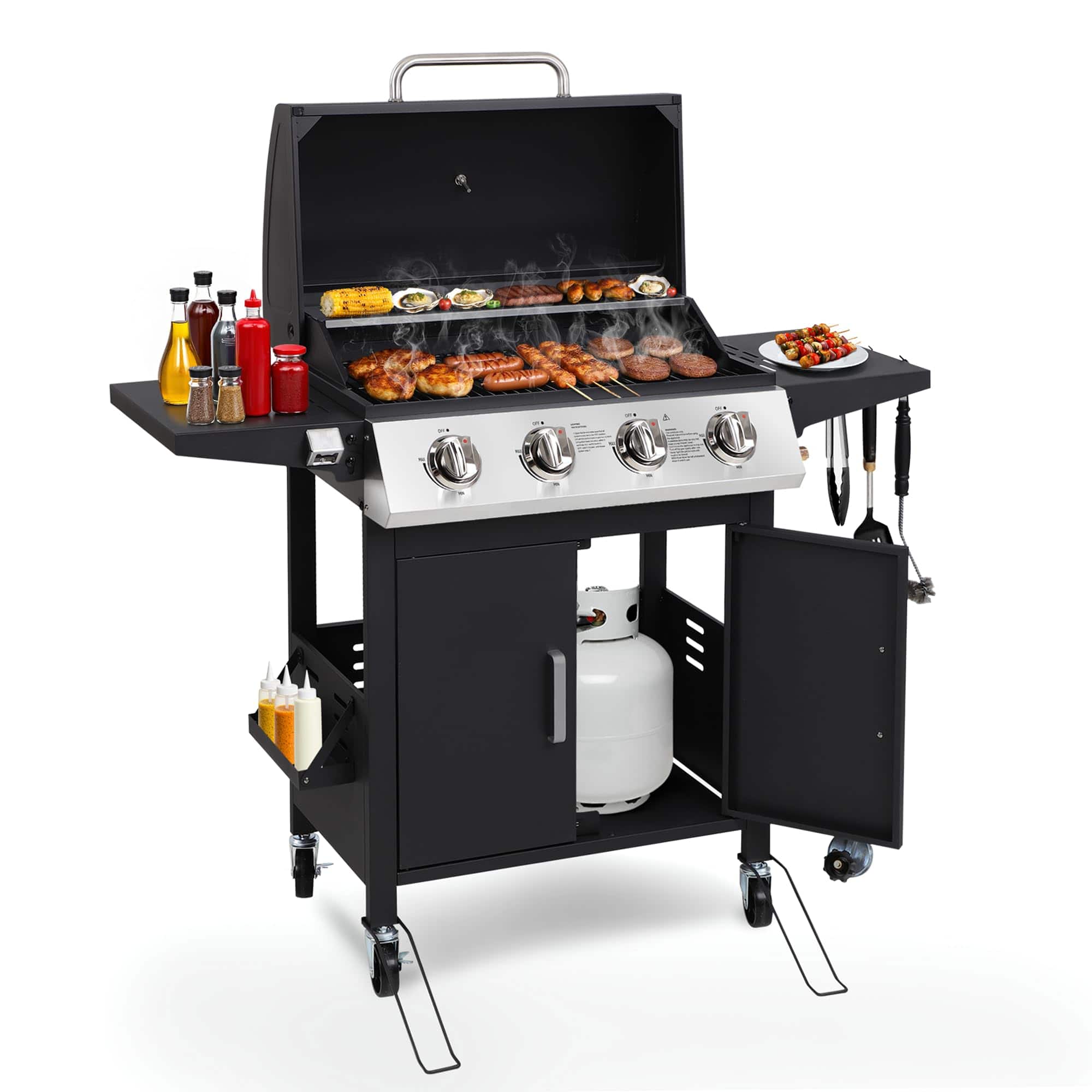 GlowWise - 4-Burner 40,000 BTU Propane BBQ Grill, Stainless Steel with Wheels, Foldable Side Tables & Spice Rack, Black - Blank