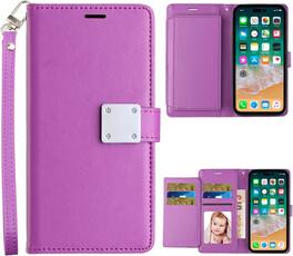 Entronix - Foldable Leather Wallet Case for iPhone 11 - Stylish Card Holder with Lanyard - Purple