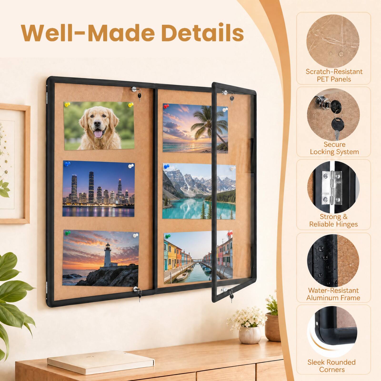 Well-Made Details

- Scratch-Resistant PET Panels
- Secure Locking System
- Strong & Reliable Hinges
- Water-Resistant Aluminum Frame
- Sleek Rounded Corners