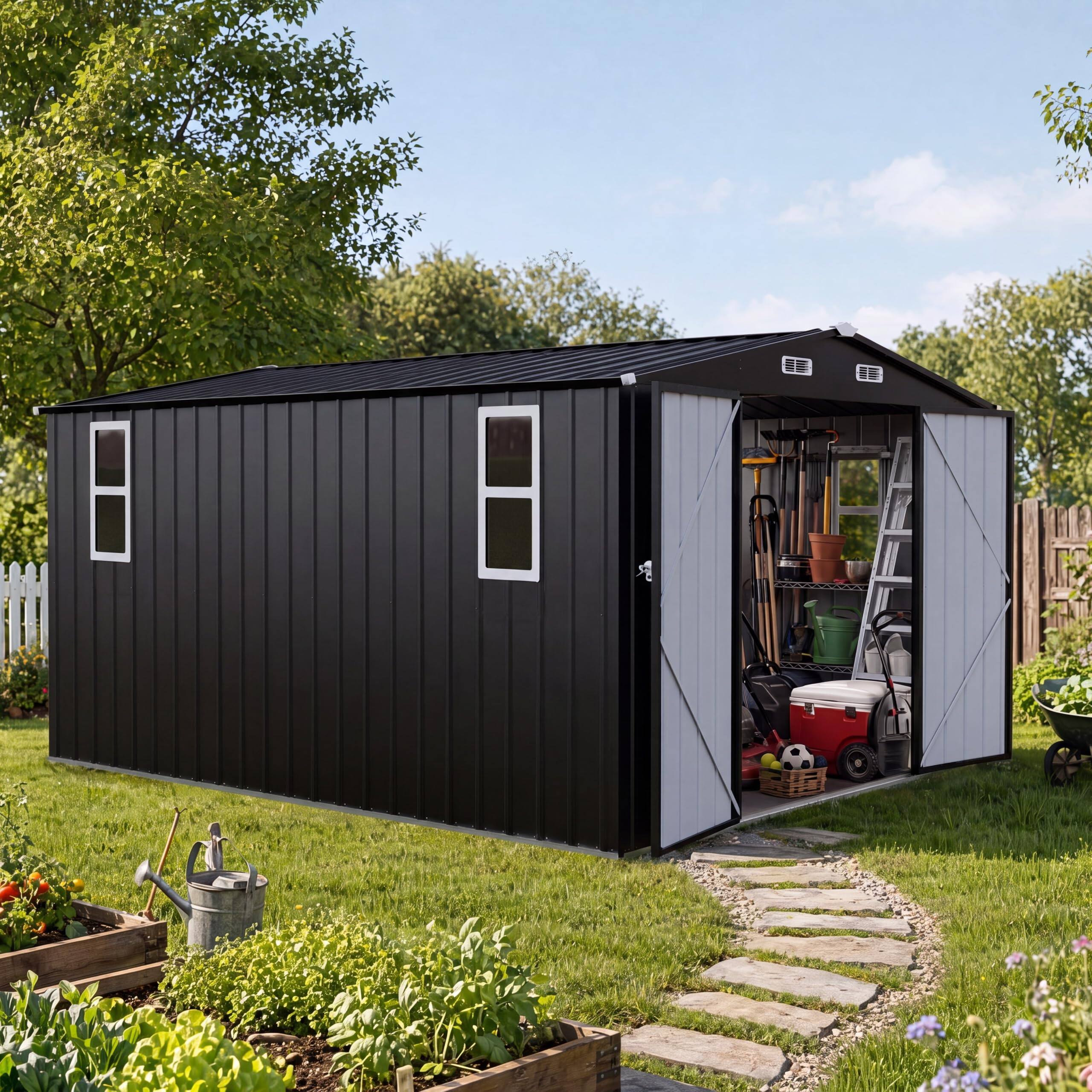 Left. LAUSAINT HOME - 10x12 FT Galvanized Steel Shed with Windows  Double Lockable Doors  Gable Roof and Vent for Backyard Patio - Black.