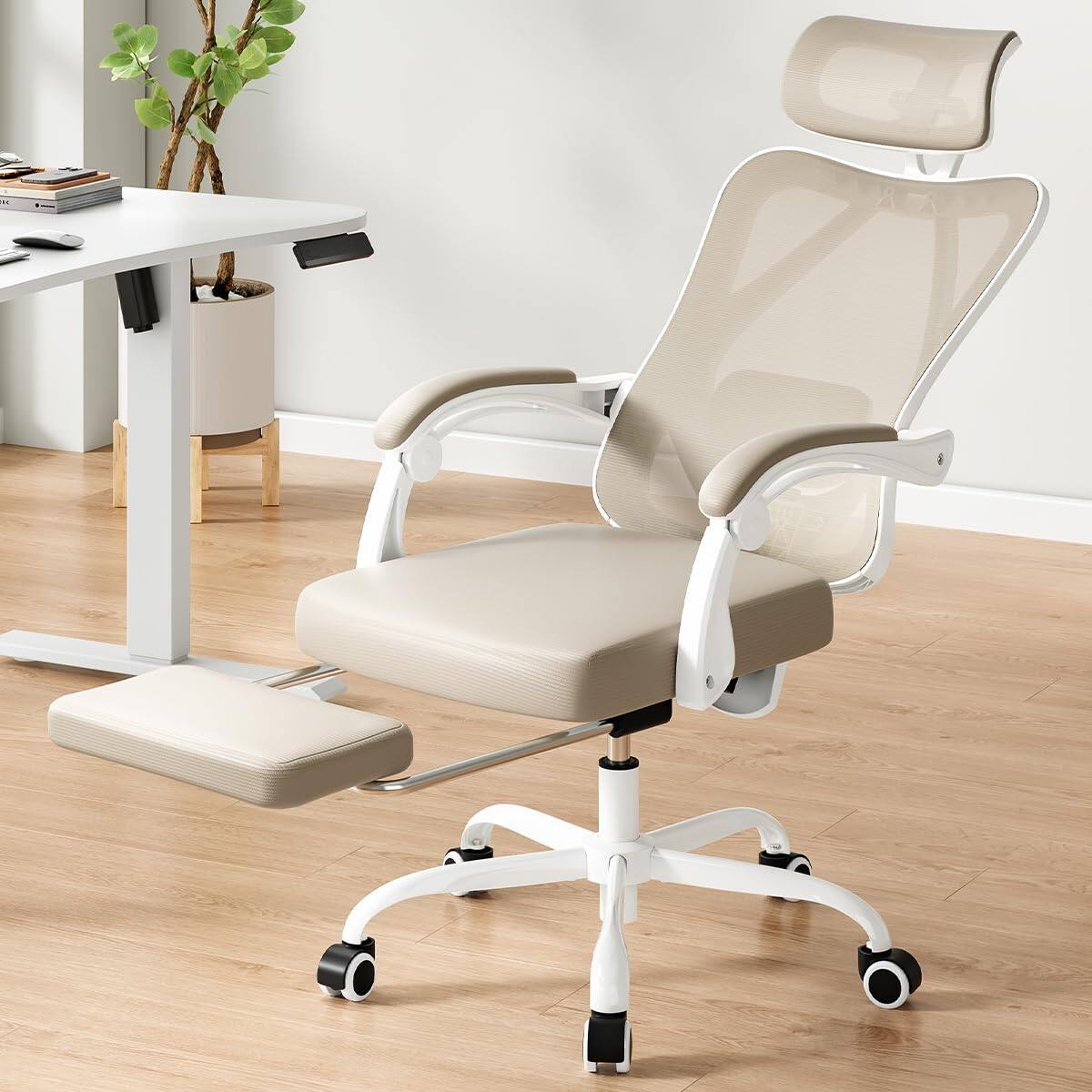 Alt View 7. Petrimins - Executive Office Chair with Retractable Footrest & Lumbar Support, All-Day Comfort Cross-Legged Desk Chair - Khaki.