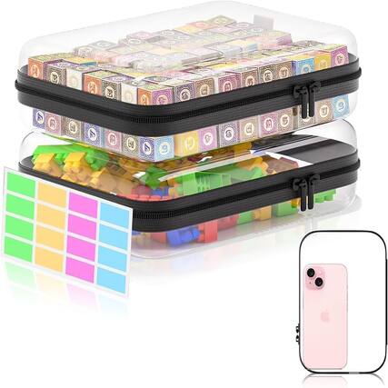 Front. RTMB - Two pieces of clear hard shell zipper cases, BIiss plastic organizing bins.