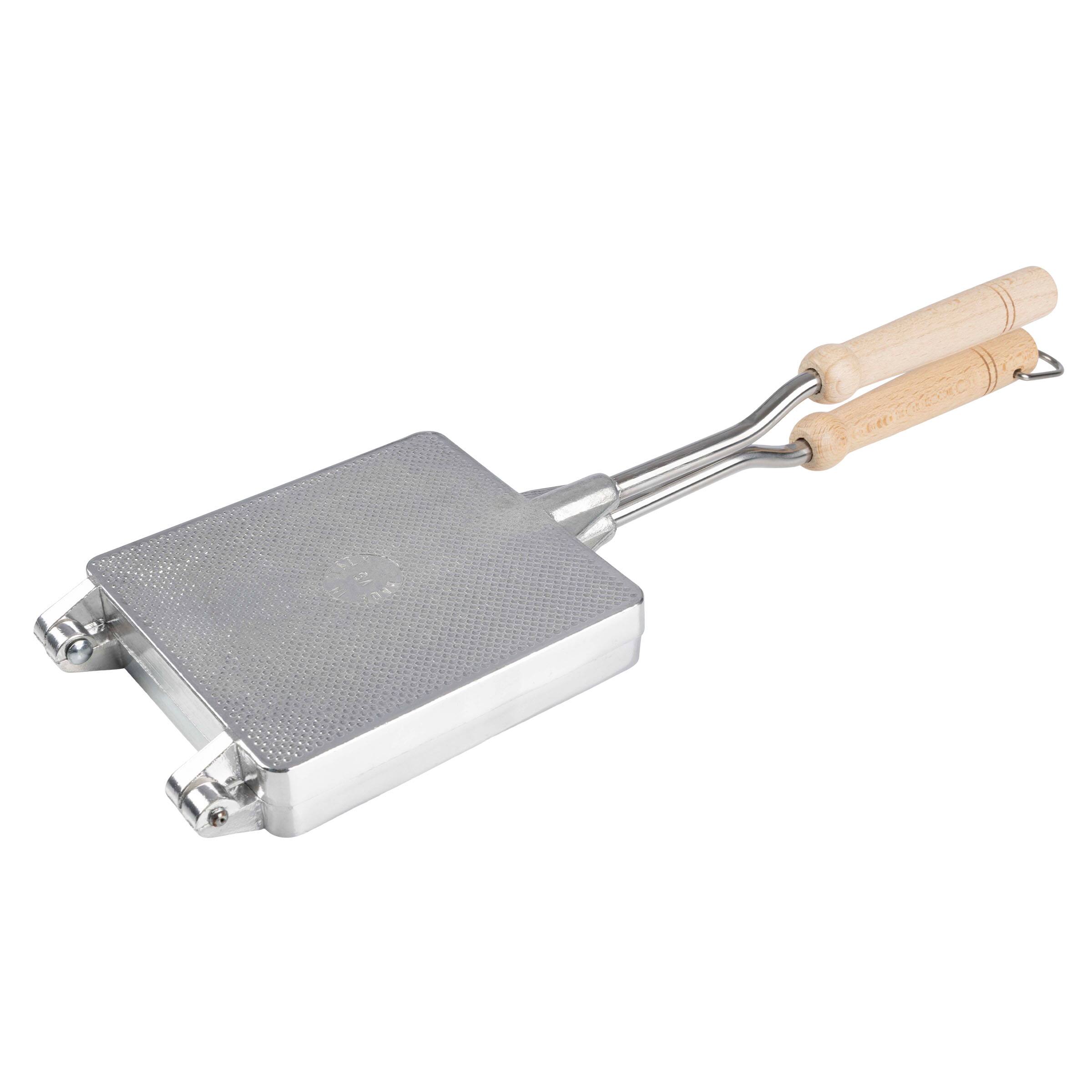 Left. Kings County Tools - 10-Inch Sandwich Maker Press - Silver and Brown.