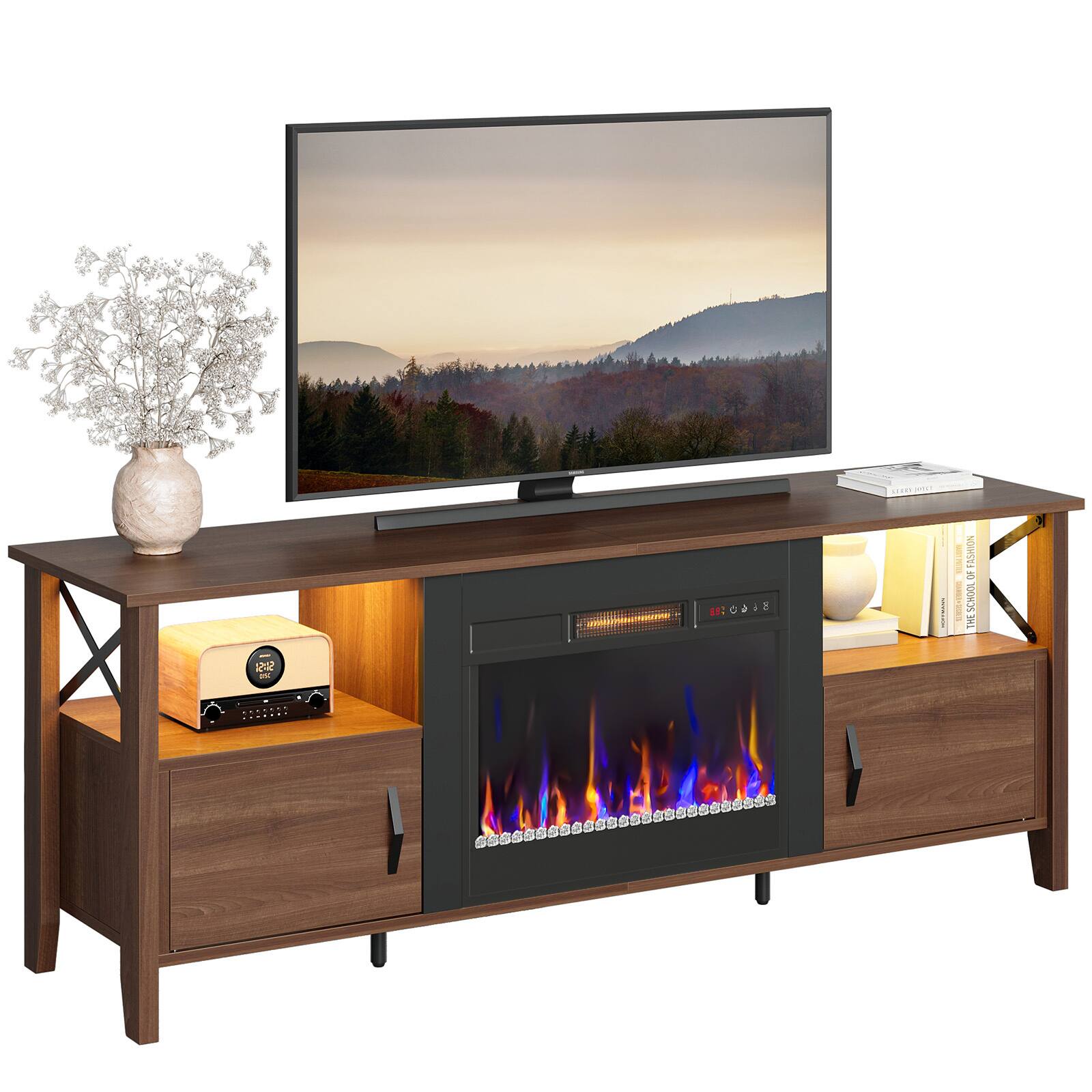 Bestier - 63-inch Fireplace TV Stand with RGB Lights & Adjustable Storage Shelves - Walnut