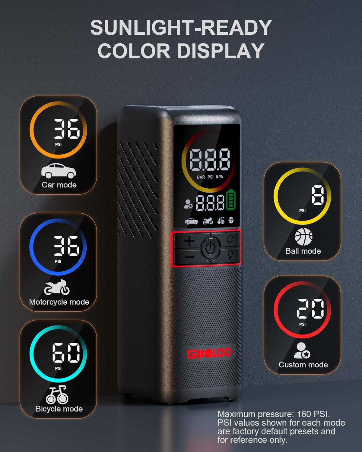 SUNLIGHT-READY COLOR DISPLAY

36 PSI Car mode  
36 PSI Motorcycle mode  
60 PSI Bicycle mode  
20 PSI Ball mode  
Custom mode  

Maximum pressure: 160 PSI.  
PSI values shown for each mode are factory default presets and for reference only.