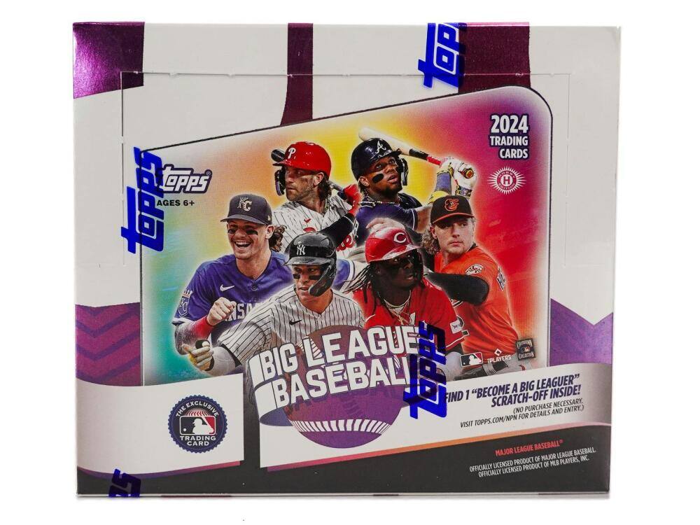 2024 TRADING CARDS  
AGES 6+  

TOPPS  
BIG LEAGUE BASEBALL  

THE EXCLUSIVE TRADING CARD  

FIND 1 "BECOME A BIG LEAGUER" SCRATCH-OFF INSIDE!  
(NO PURCHASE NECESSARY. VISIT TOPPS.COM/NPN FOR DETAILS AND ENTRY)  

MAJOR LEAGUE BASEBALL  
OFFICIALLY LICENSED PRODUCT OF MLB PLAYERS, INC.  
OFFICIALLY LICENSED PRODUCT OF MAJOR LEAGUE BASEBALL
