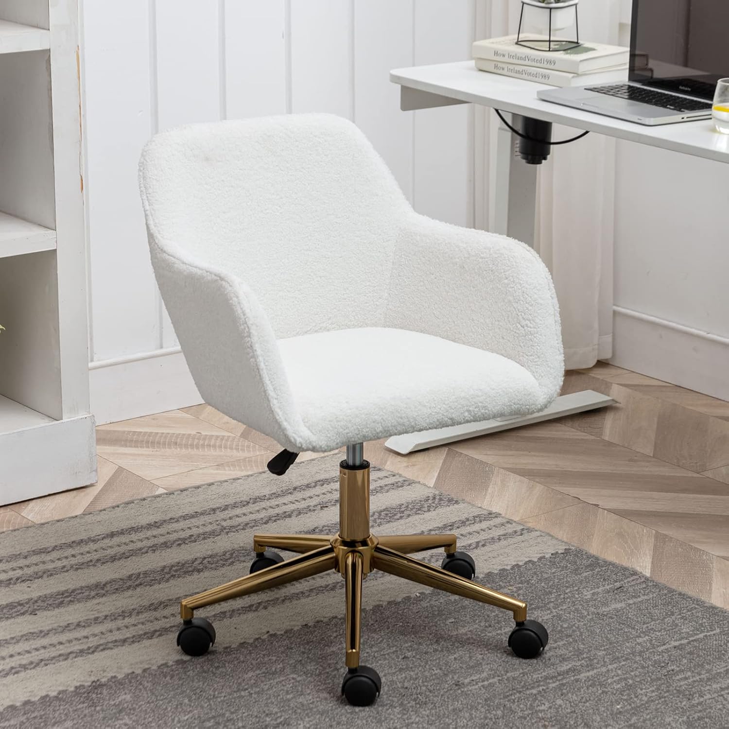 Trinkets Crazed - Modern Teddy Fabric Material Adjustable Height 360 Revolving Home Office Chair With Gold Metal Legs - White