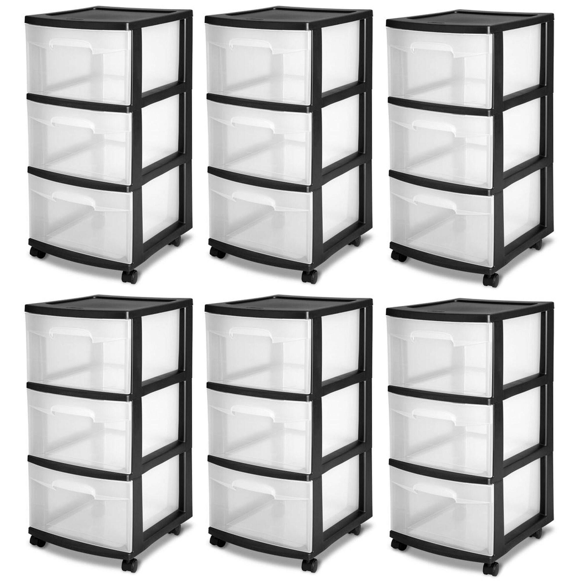 Front. Sterilite - Sterilite 3 Drawer Plastic Rolling Storage Cart, Clear with Black Frame (6-Pack).