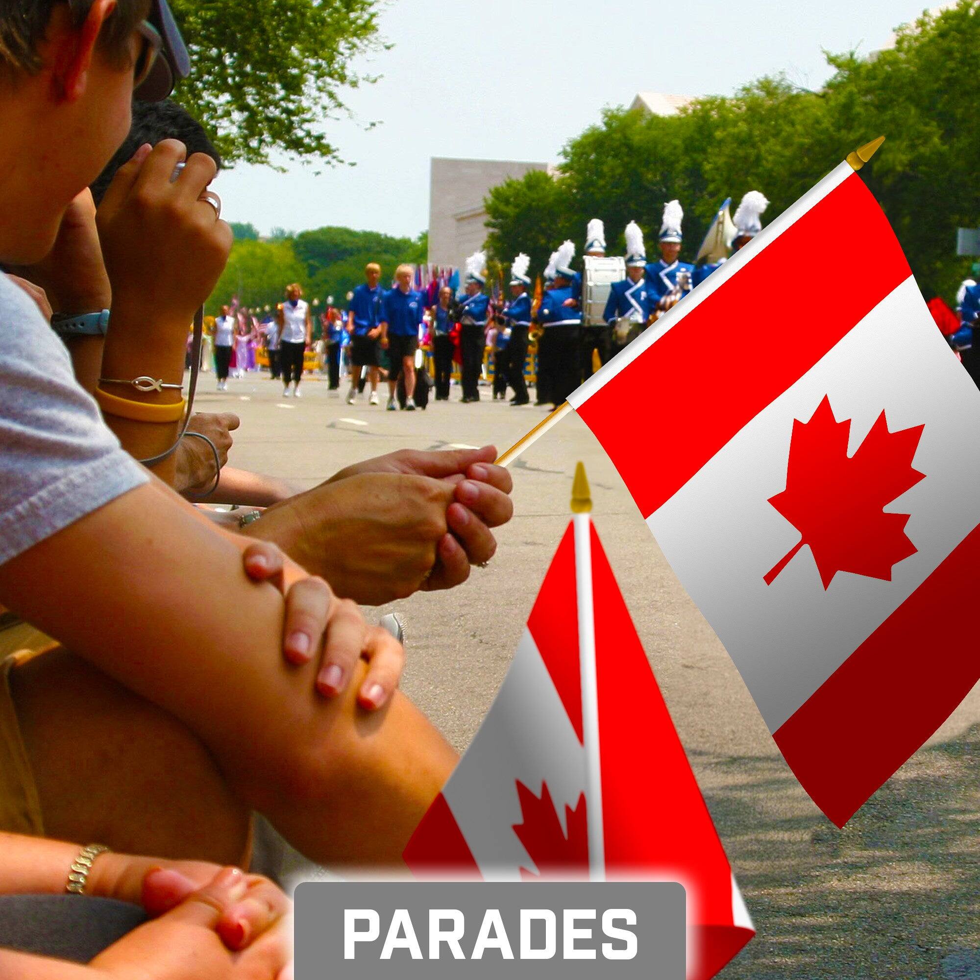 Alt View 1. G128 - 50-Pack Handheld Canada Flags, 8" x 12" Printed 150D Polyester with Wooden Stick and Gold Spear Tip. - Assorted Colors.