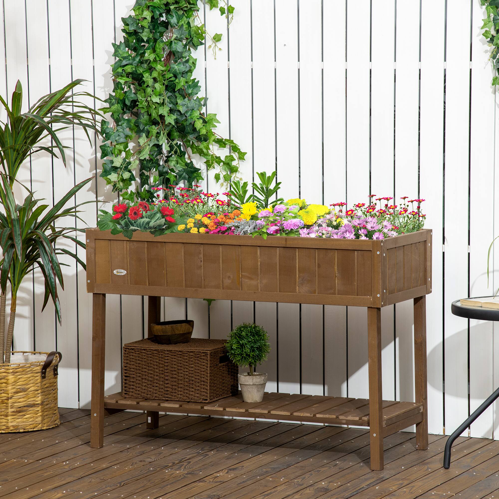 Alt View 1. Outsunny - Raised Garden Bed, Elevated Planter Box Stand with 8 Slots and Open Shelf - Brown.
