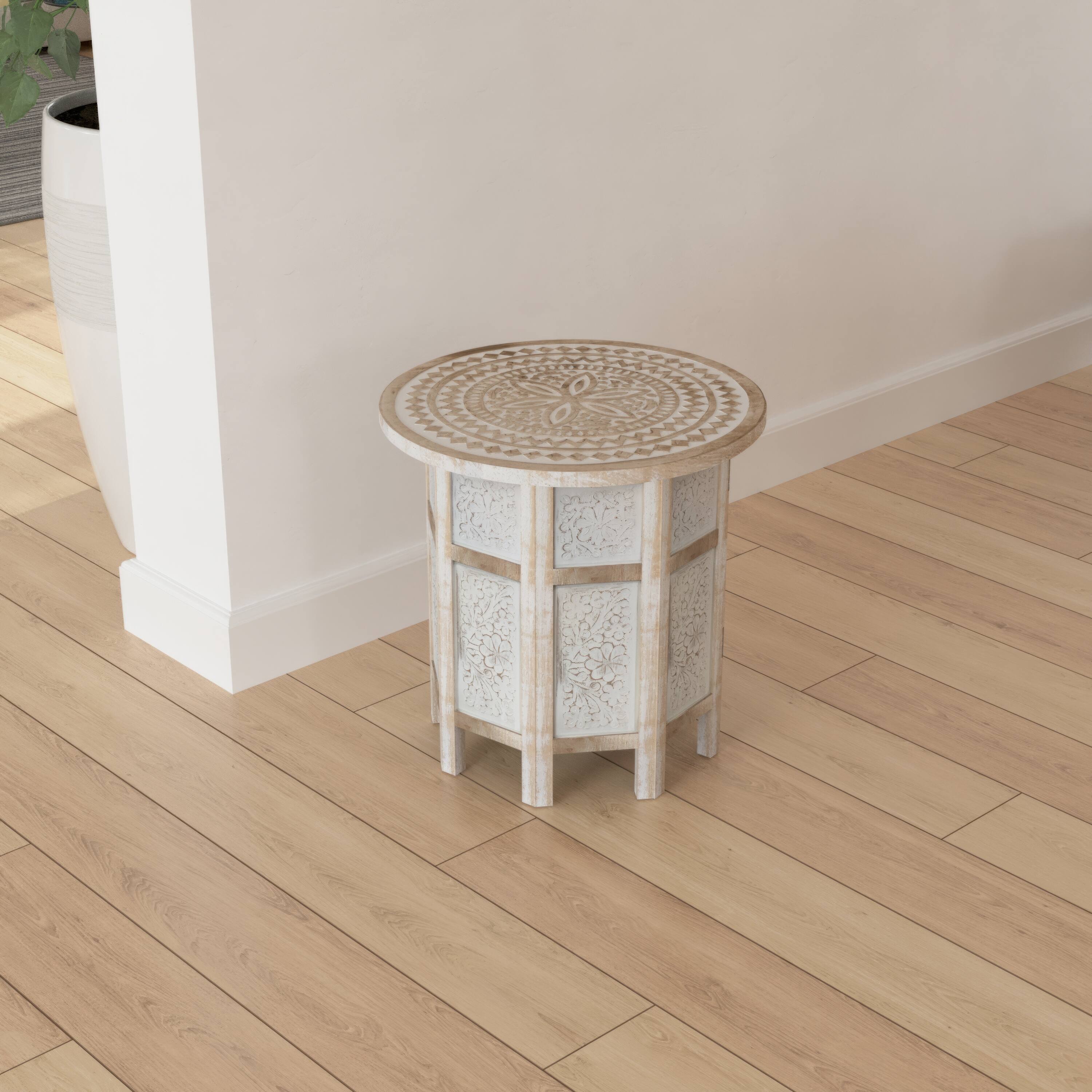 Alt View 5. Manhattan Lane - Accent Side Table, Mango Wood 18 Inch Round Top, Hand Carved Inlay Mandala Design - Washed White.