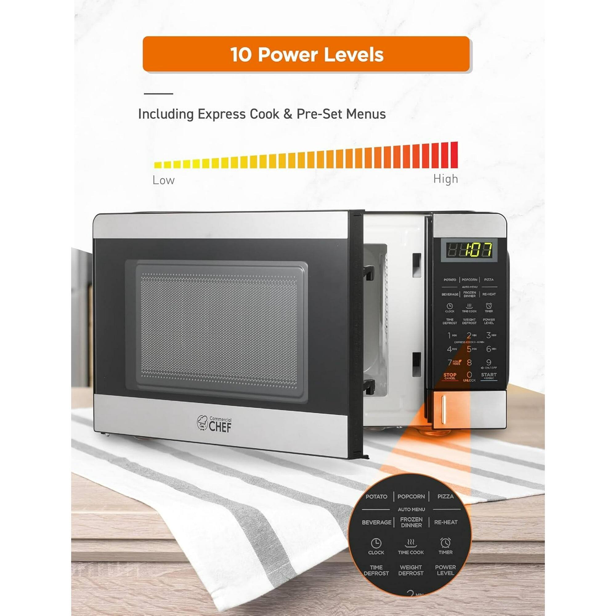 10 Power Levels Including Express Cook & Pre-Set Menus

Low High

88:08

1 2 3 4 5 6 7 8 9

STOP START

Potato Popcorn Pizza

Auto Menu Frozen Beverage Dinner Re-Heat

Clock Time Cook Timer

Weight Defrost

Power Level