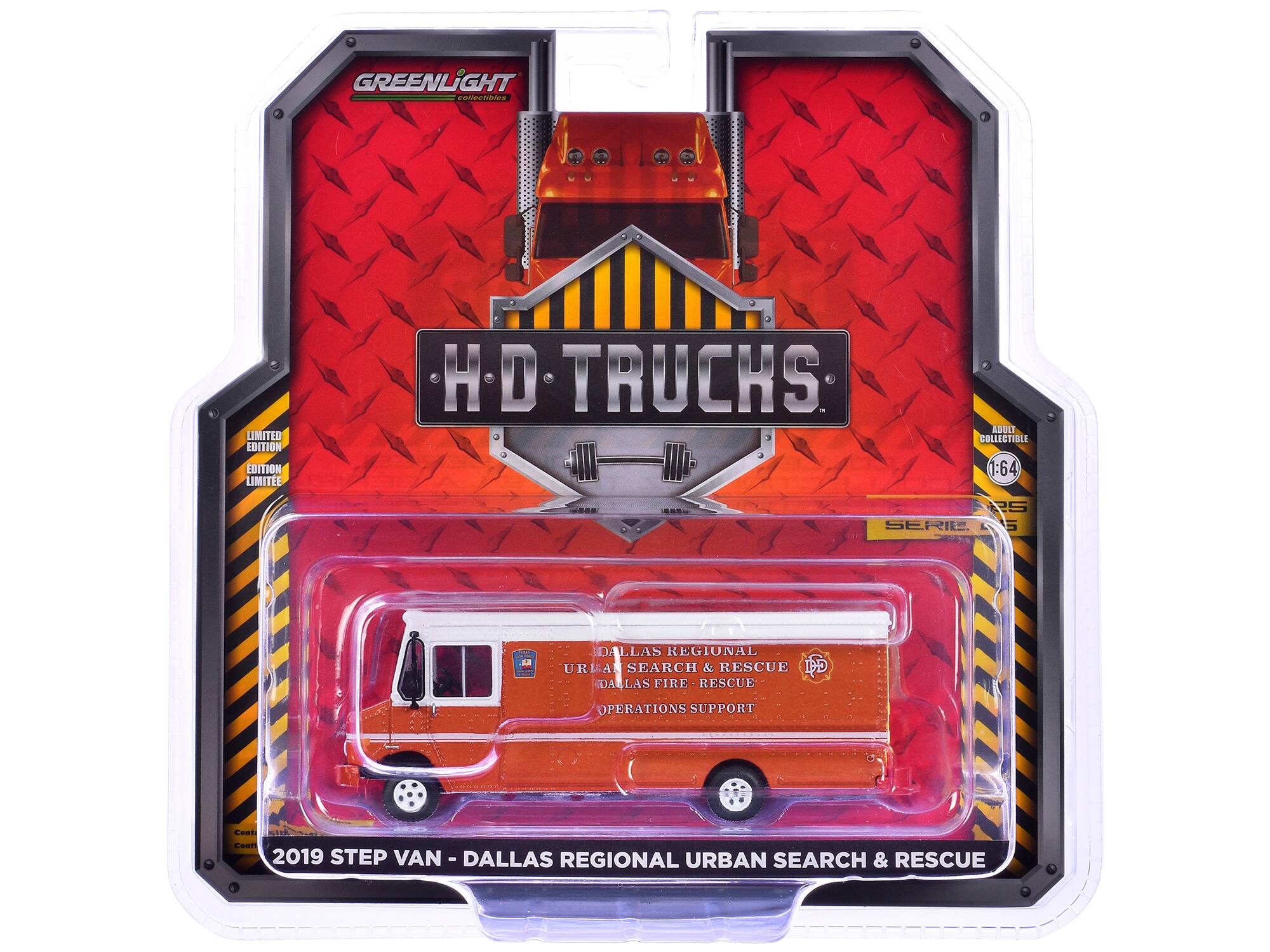 GREENLIGHT Collectibles  
HD TRUCKS  
LIMITED EDITION  
ADULT COLLECTIBLE 1:64  

2019 STEP VAN - DALLAS REGIONAL URBAN SEARCH & RESCUE  
DALLAS REGIONAL URBAN SEARCH & RESCUE  
DALLAS FIRE - RESCUE OPERATIONS SUPPORT  

SERIES 45