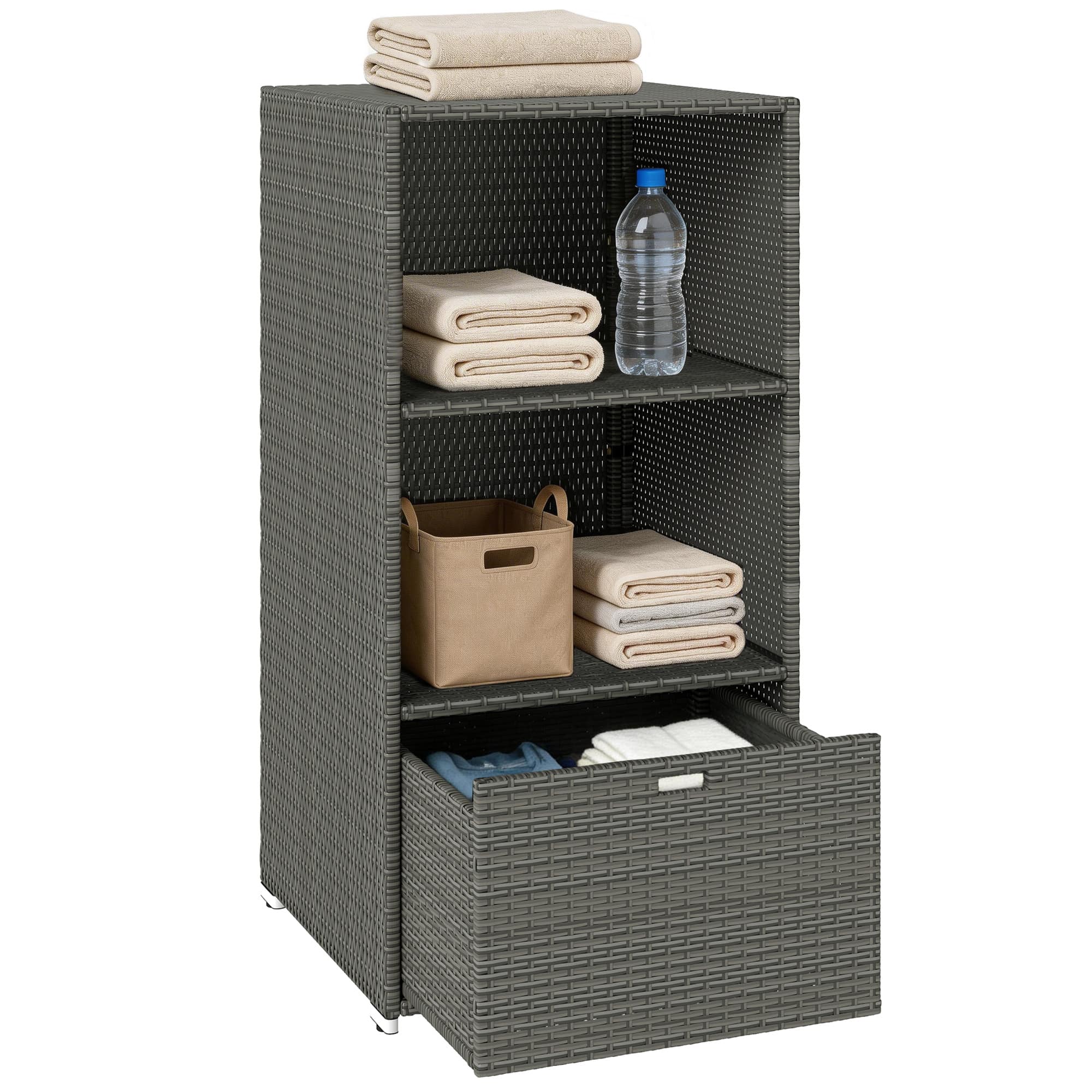 Outsunny - Pool Towel Rack, Water-Resistant PE Plastic Rattan Wicker Storage Organizer, 2 Shelves, 1 Basket Drawer - Dark Gray