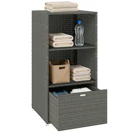 Outsunny - Pool Towel Rack, Water-Resistant PE Plastic Rattan Wicker Storage Organizer, 2 Shelves, 1 Basket Drawer - Dark Gray