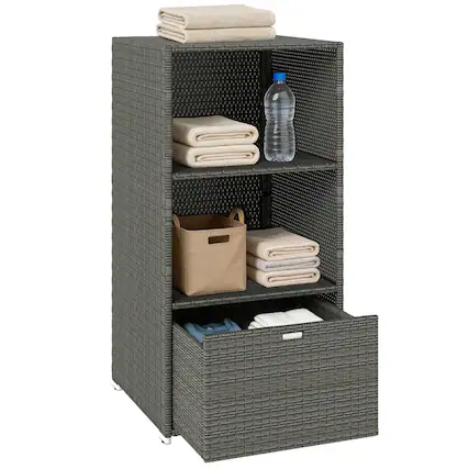 Front. Outsunny - Pool Towel Rack, Water-Resistant PE Plastic Rattan Wicker Storage Organizer, 2 Shelves, 1 Basket Drawer - Dark Gray.