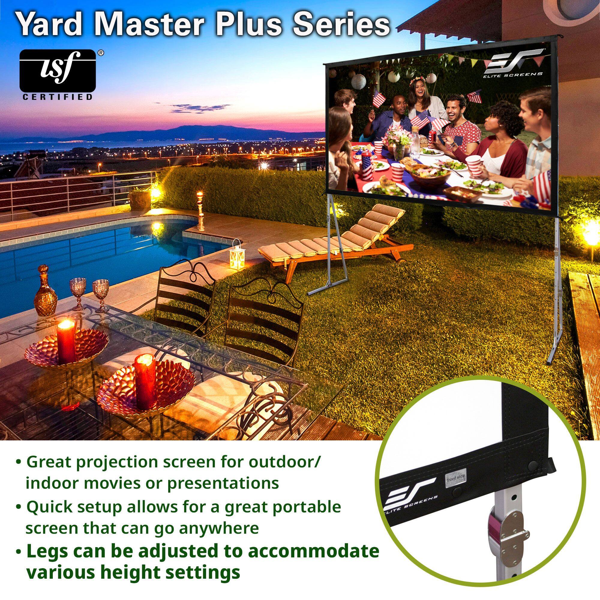 Yard Master Plus Series

- Great projection screen for outdoor/indoor movies or presentations
- Quick setup allows for a great portable screen that can go anywhere
- Legs can be adjusted to accommodate various height settings