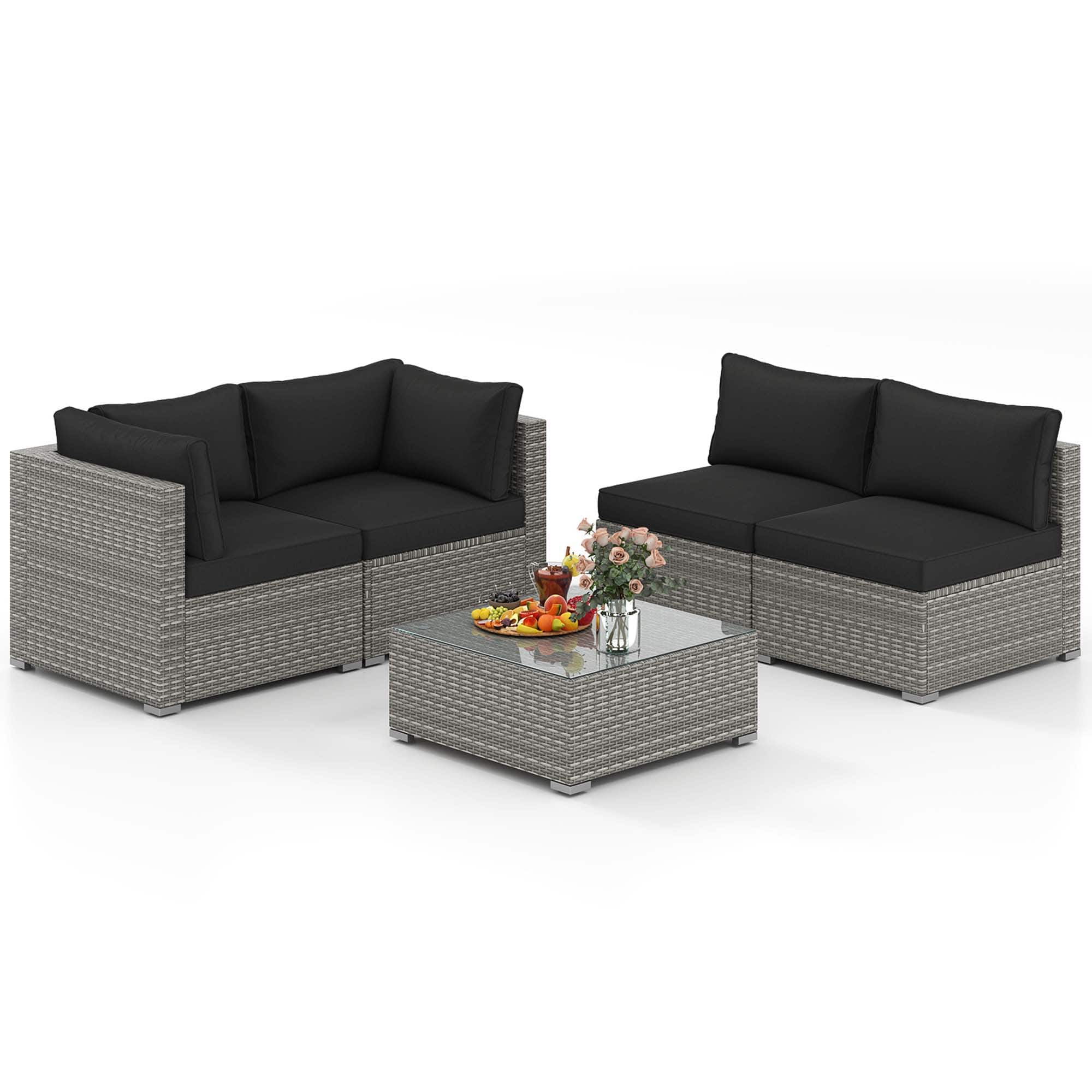 Front. Costway - Costway 5 PCS Outdoor Patio Sectional Sofa Couch PE Rattan Conversation Set - Black.