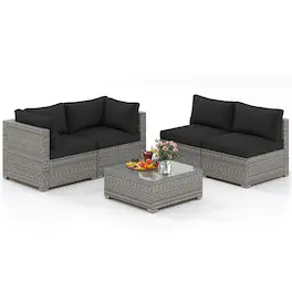Costway - 5 PCS Outdoor Patio Sectional Sofa Couch PE Rattan Conversation Set - Black