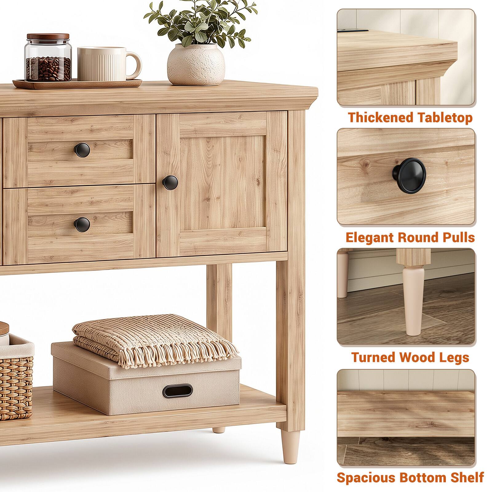Thickened Tabletop  
Elegant Round Pulls  
Turned Wood Legs  
Spacious Bottom Shelf