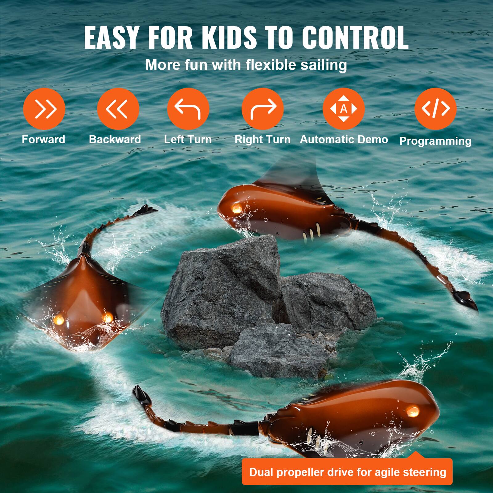 EASY FOR KIDS TO CONTROL  
More fun with flexible sailing  

Forward  
Backward  
Left Turn  
Right Turn  
Automatic Demo  
Programming  

Dual propeller drive for agile steering