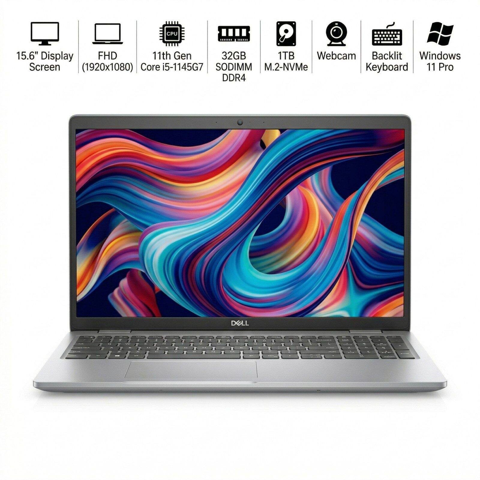 CPU: 11th Gen Core i5-1145G7  
Display: 15.6" FHD (1920x1080)  
RAM: 32GB SODIMM DDR4  
Storage: 1TB M.2-NVMe  
Webcam: Included  
Keyboard: Backlit  
Operating System: Windows 11 Pro  
Other Features: Webcam