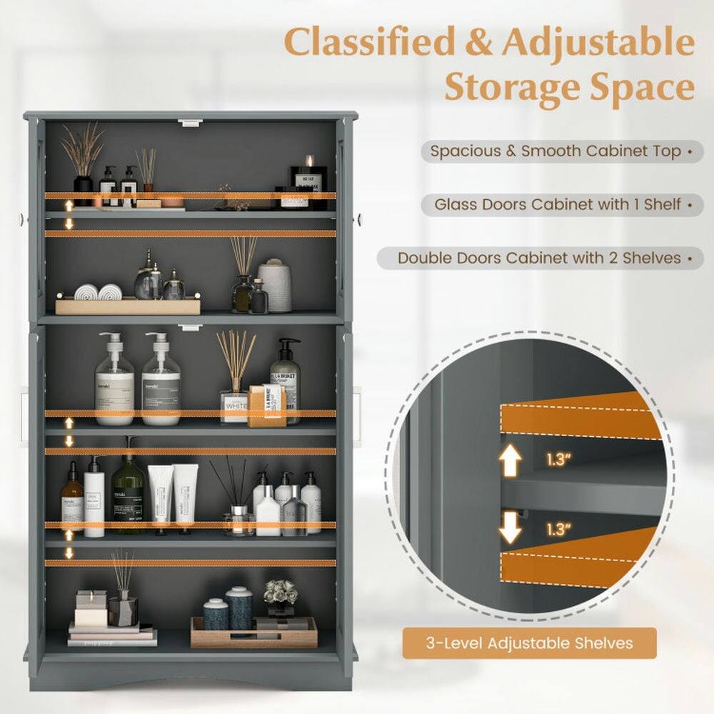 Classified & Adjustable Storage Space  
Spacious & Smooth Cabinet Top  
Glass Doors Cabinet with 1 Shelf  
Double Doors Cabinet with 2 Shelves  
3-Level Adjustable Shelves  
1.3"  
1.3"