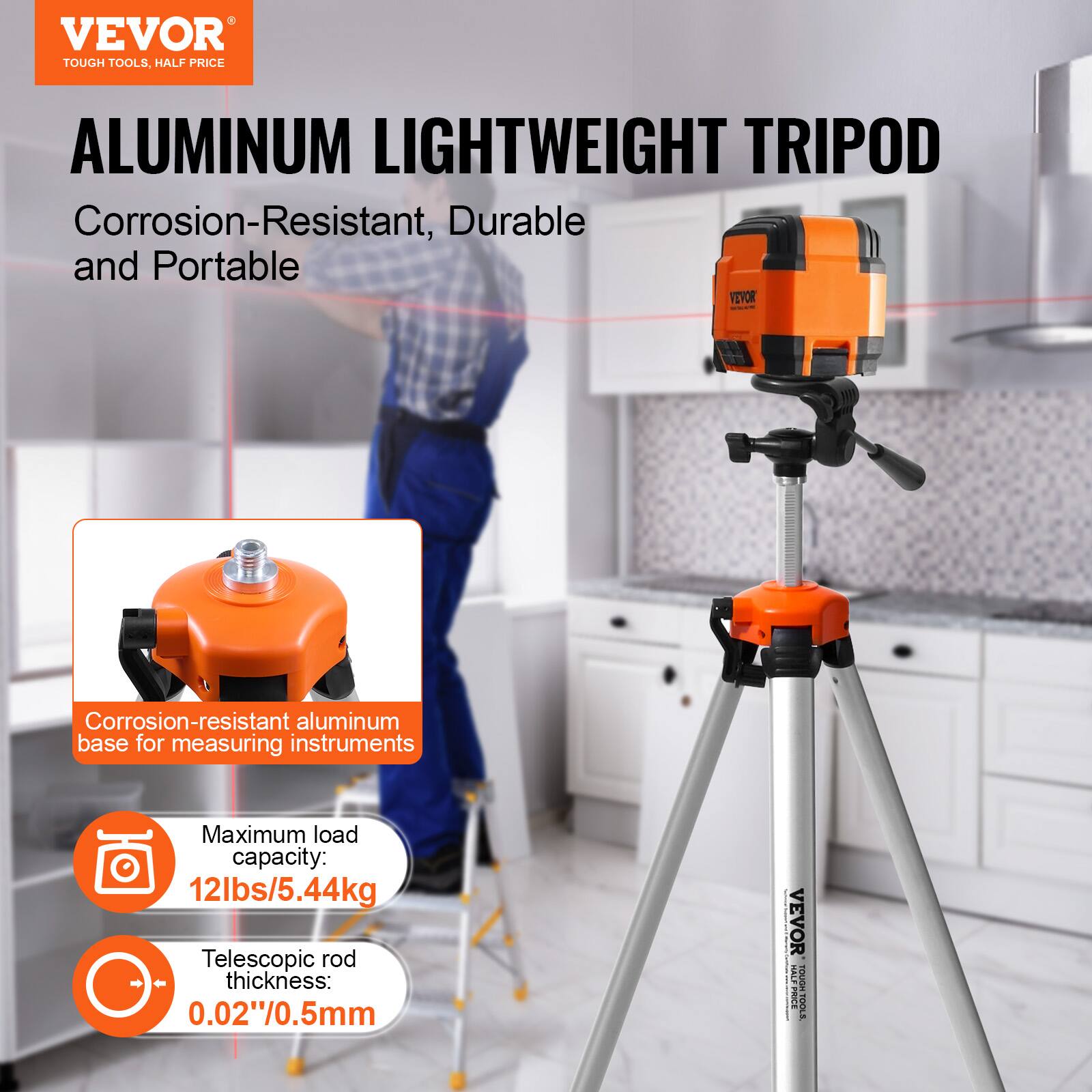 VEVOR TOUGH TOOLS, HALF PRICE  
ALUMINUM LIGHTWEIGHT TRIPOD  
Corrosion-Resistant, Durable and Portable  

Corrosion-resistant aluminum base for measuring instruments  
Maximum load capacity: 12lbs/5.44kg  
Telescopic rod thickness: 0.02"/0.5mm