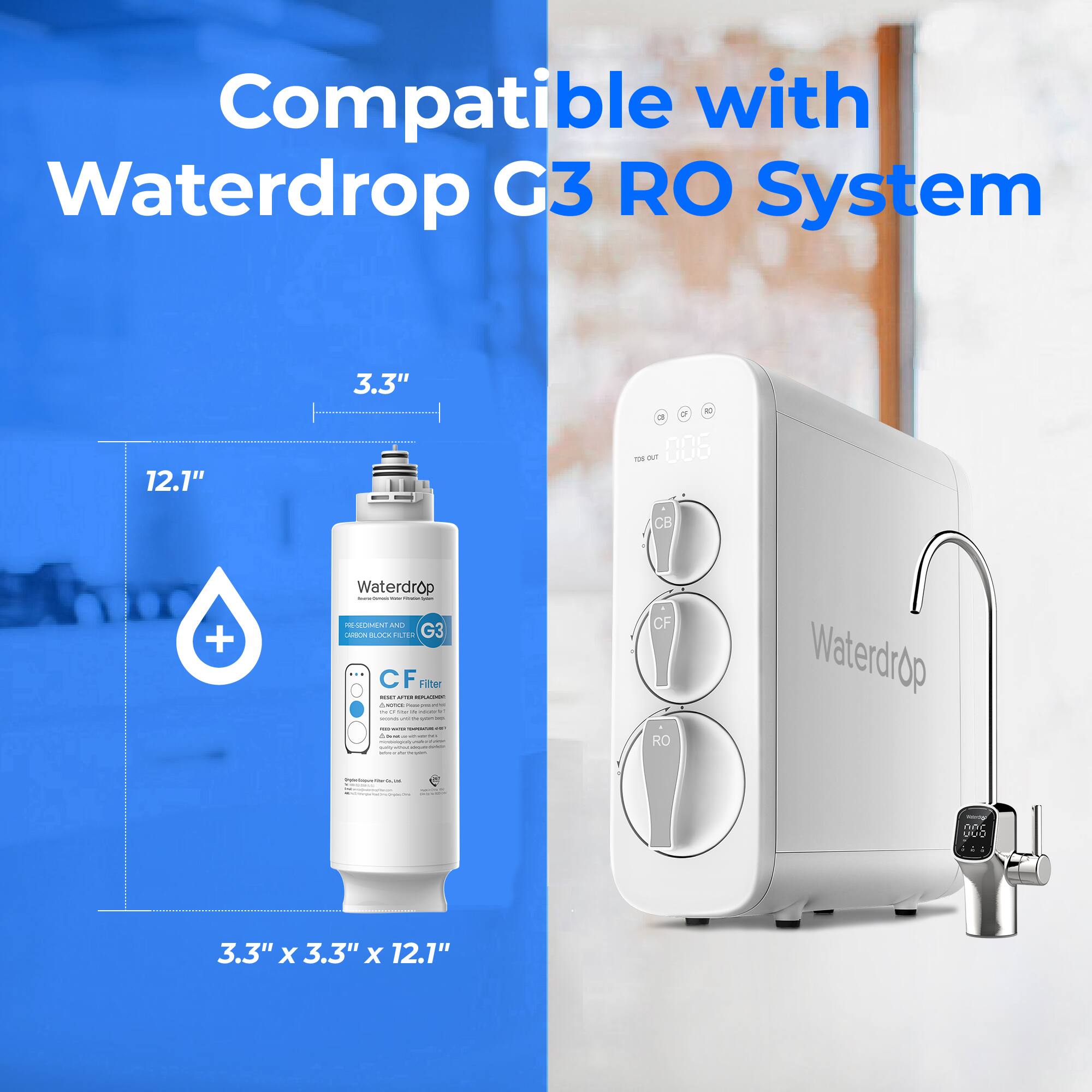 Compatible with Waterdrop G3 RO System 3.3" 12.1" - Waterdrop G3 CF Filter - 3.3" X 3.3" X 12.1"