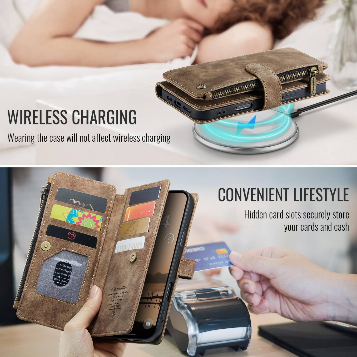 WIRELESS CHARGING  
Wearing the case will not affect wireless charging

CONVENIENT LIFESTYLE  
Hidden card slots securely store your cards and cash