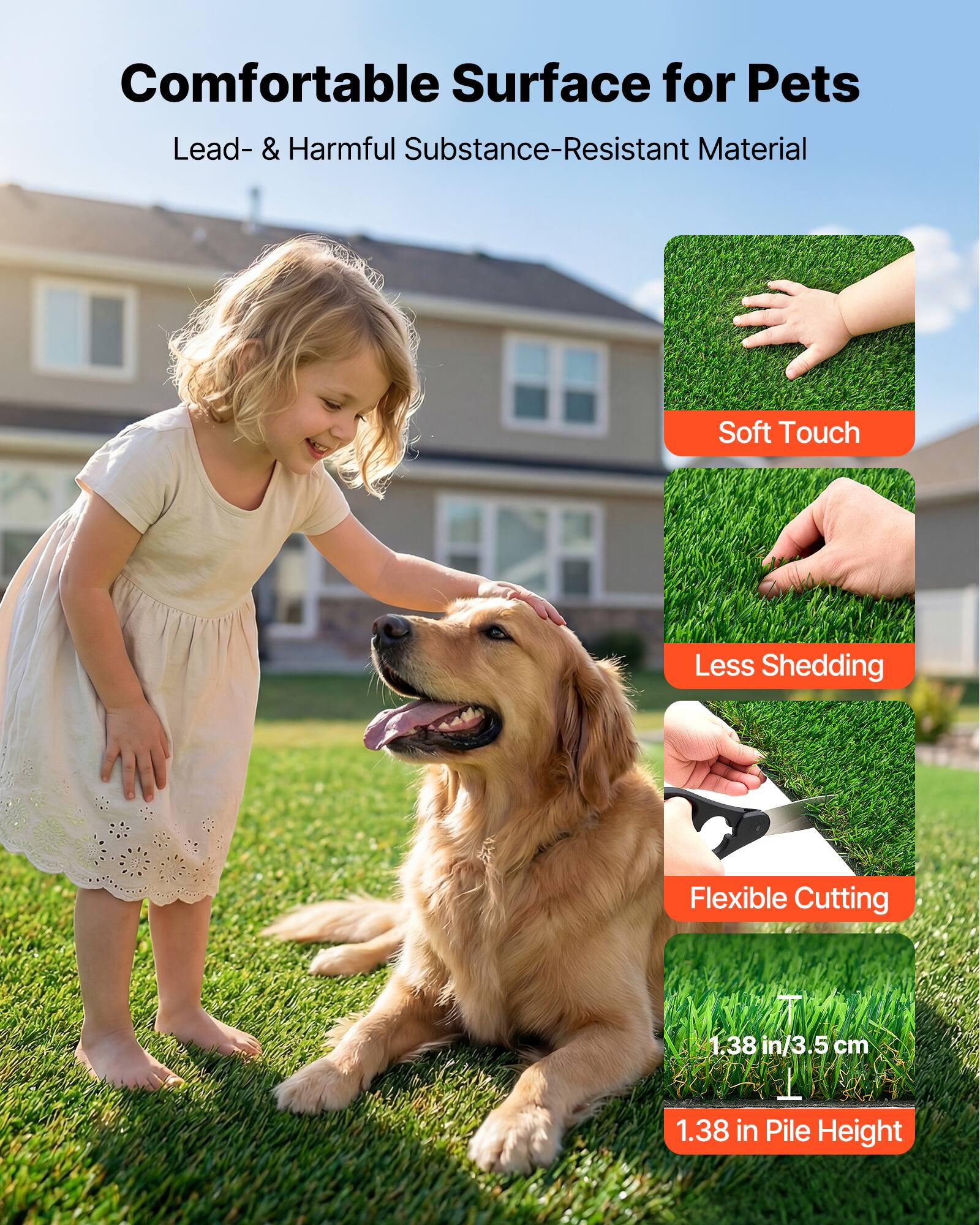 Comfortable Surface for Pets  
Lead- & Harmful Substance-Resistant Material  

Soft Touch  
Less Shedding  
Flexible Cutting  

1.38 in/3.5 cm  
1.38 in Pile Height