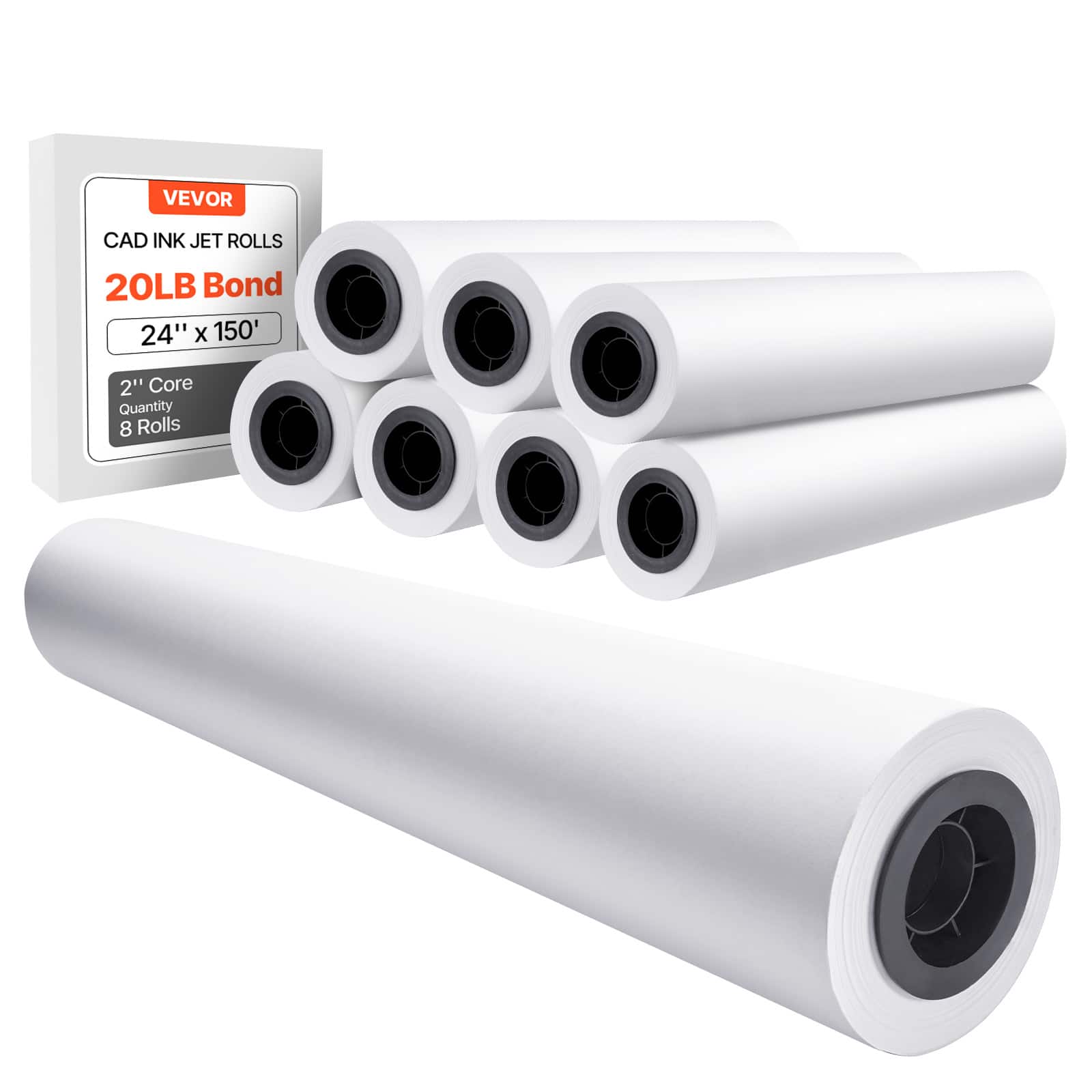 VEVOR - Wide Format Paper, 24 in x 150 ft Plotter Roll, 8 Rolls CAD Bond Rolls with 2 in Core, 20 LB Bond Paper Rolls - Bright White