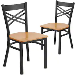 Emma + Oliver - 2 Pack "X" Back Metal Restaurant Chair - Natural Wood Seat/Black Metal Frame