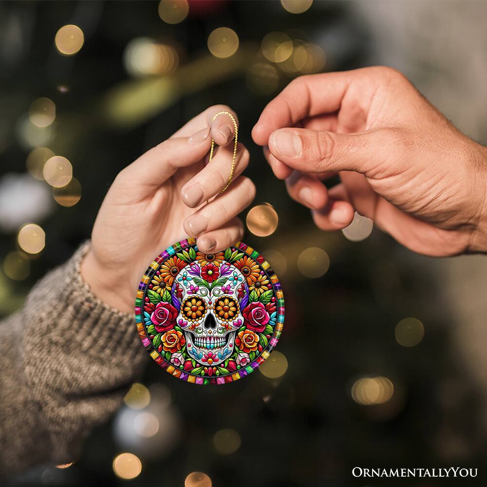 Alt View 1. OrnamentallyYou - Floral Celebration Sugar Skull Stained Glass Style Ornament Lush Blossom Christmas Gift and Decor - Multi-colored.